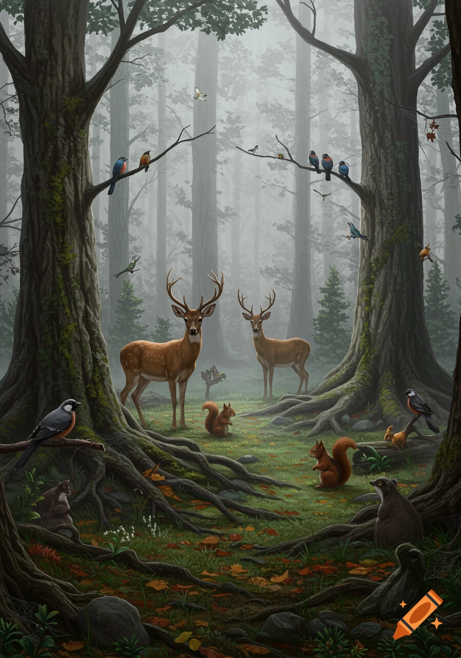 A detailed illustration of a misty forest with two deer, squirrels, and various birds among towering trees and exposed roots.