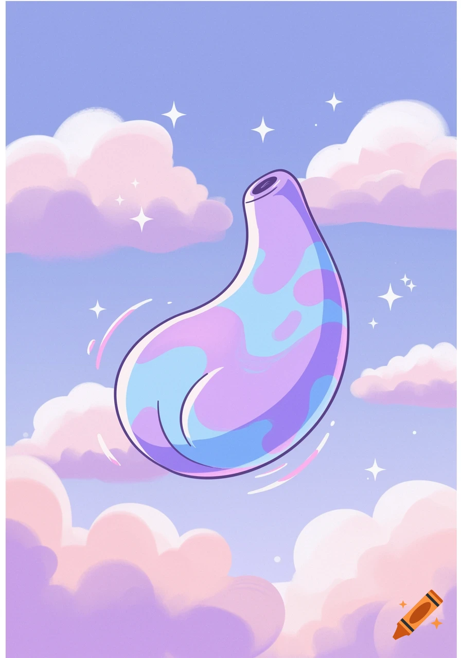 A whimsical purple and blue blob-like object floats among pink and purple clouds and sparkling stars in a light blue sky.