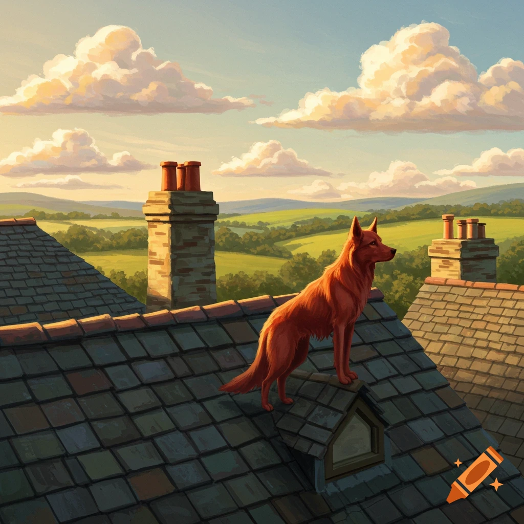 A reddish-brown dog stands on the tiled roof of a house, looking out over a green, rolling landscape under a cloudy sky.