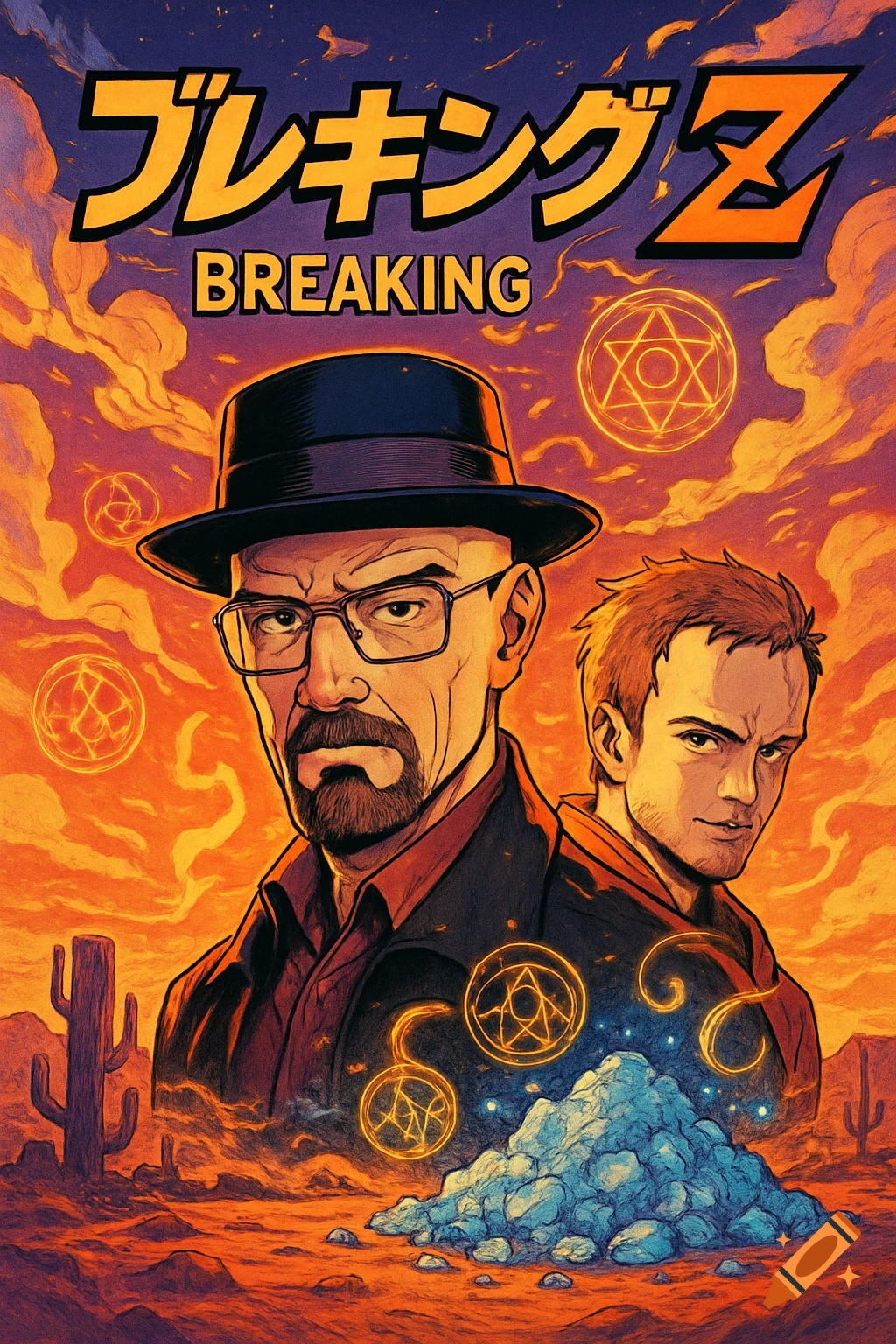 Anime poster of Walter White and Jesse Pinkman in a desert, with blue crystals and 'Breaking' title text.