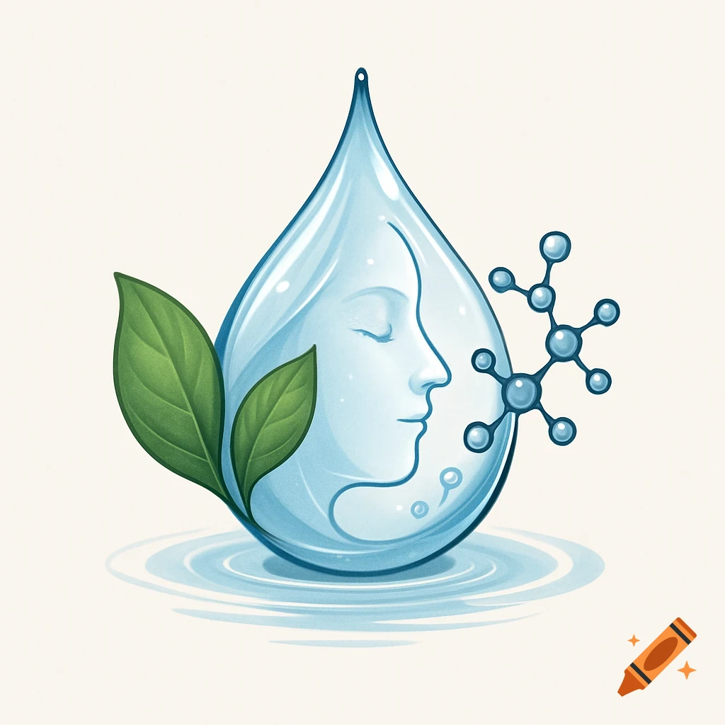 An illustrated logo featuring a clear blue water droplet containing a serene face, a green leaf, and a molecular structure, sitting in calm water.