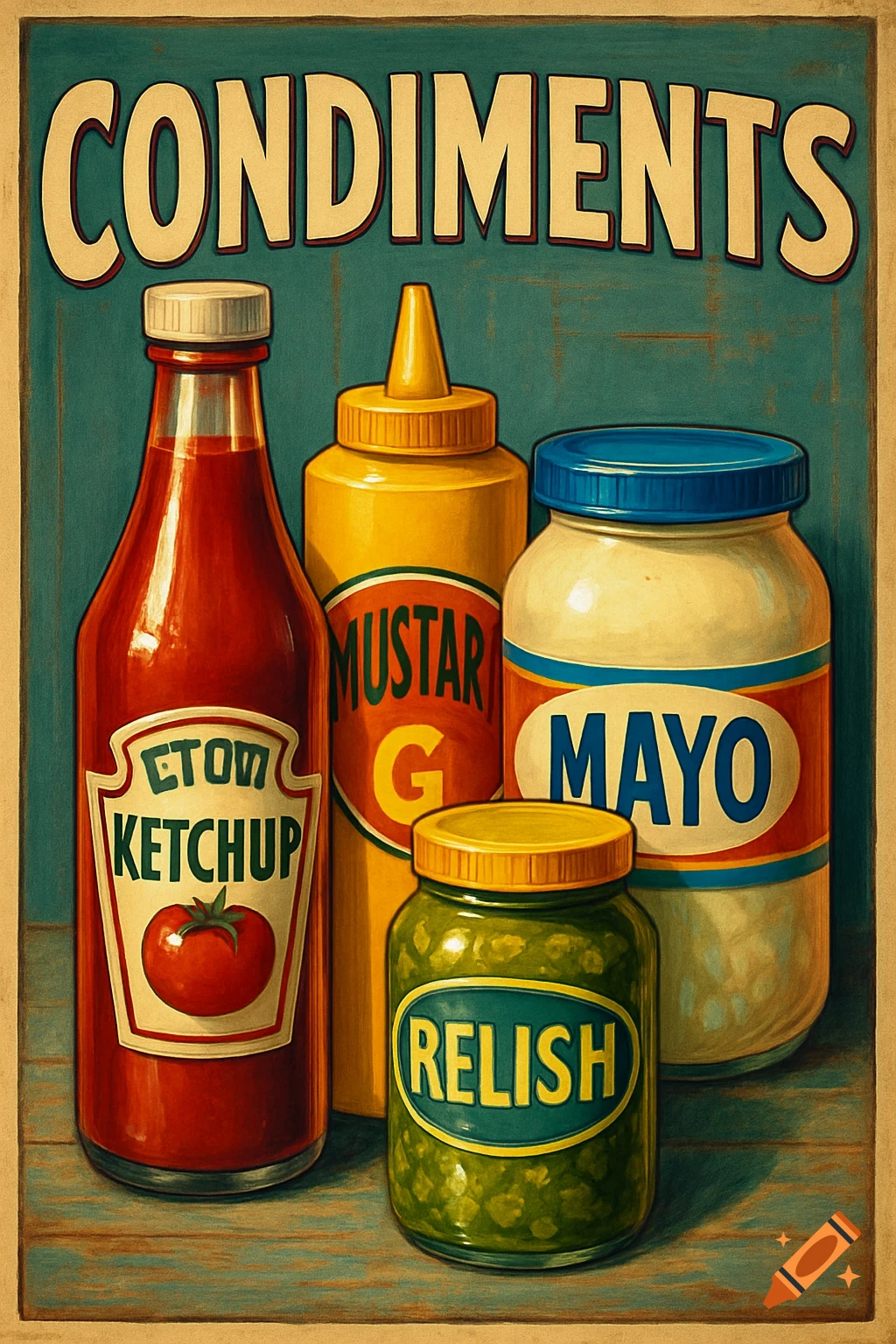 A vintage-style poster depicting bottles and jars of ketchup, mustard, mayonnaise, and relish on a wooden surface, with the word "CONDIMENTS" at the top.