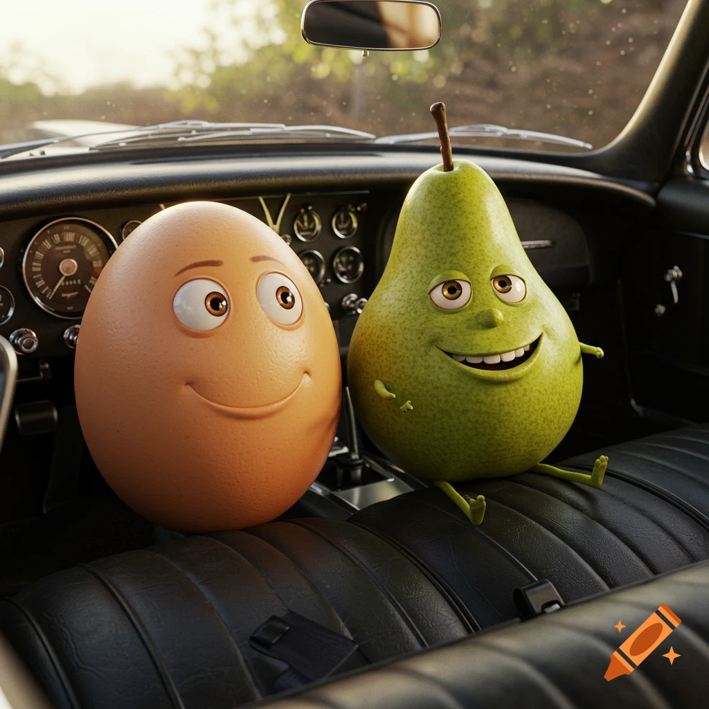 A smiling anthropomorphic egg and a pear sitting in an old car's front seats, rendered in a Pixar-like 3D animation style.