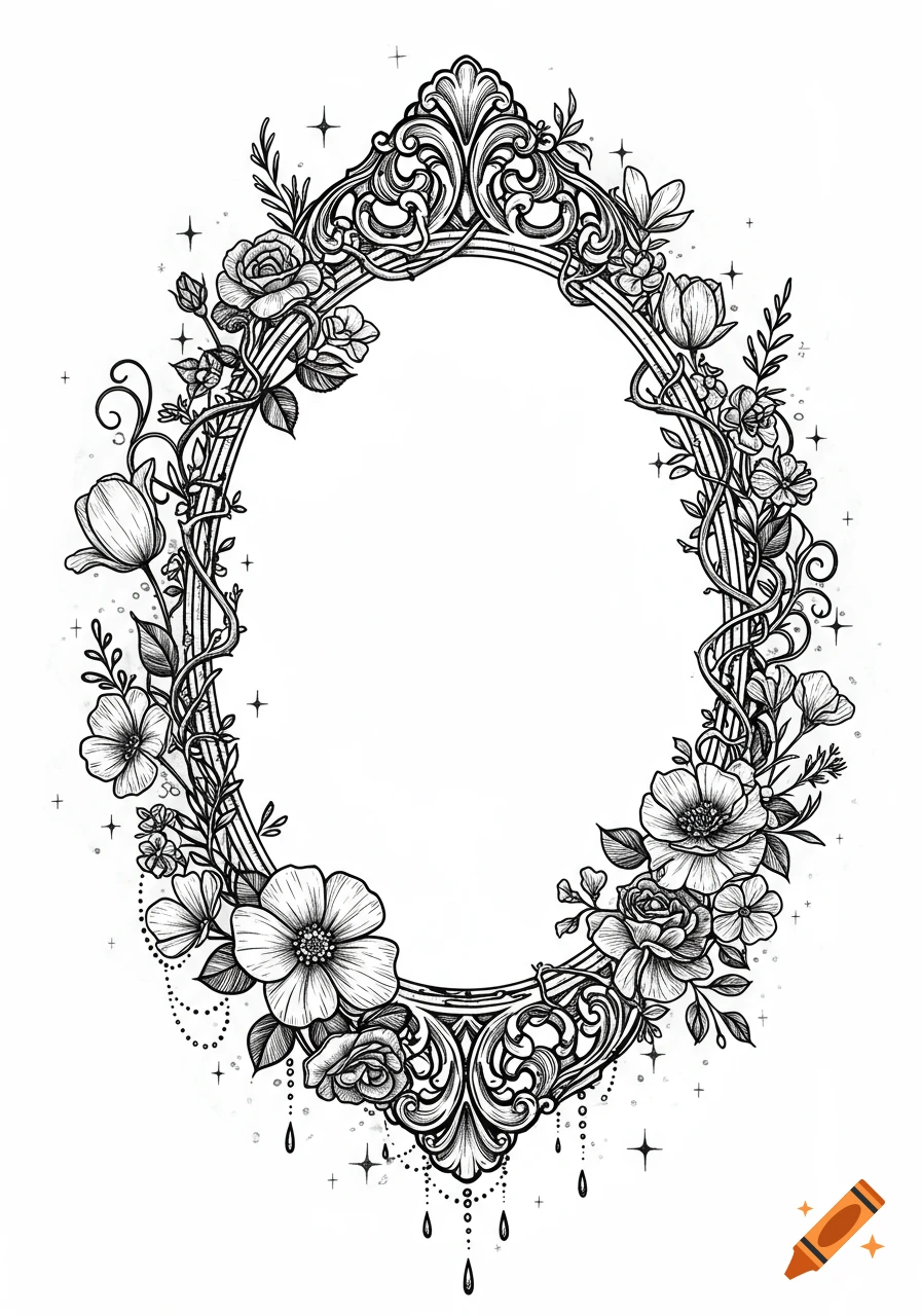 Black and white ornate oval frame with intricate gothic details, surrounded by blooming roses, tulips, vines, and sparkling dots.