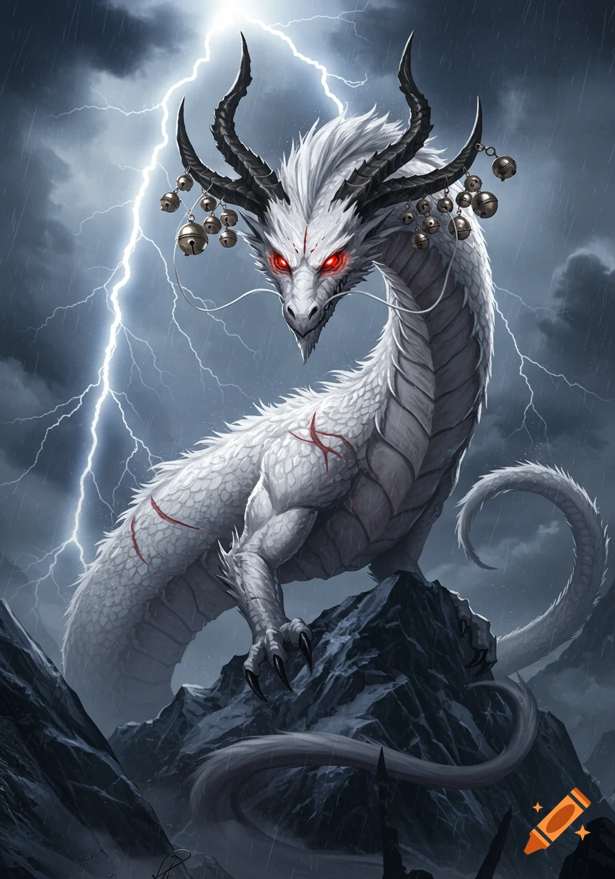 A white dragon with jagged black horns adorned with bells, red eyes, and scars, stands on a stormy mountain peak, depicted in an anime high-fantasy style.