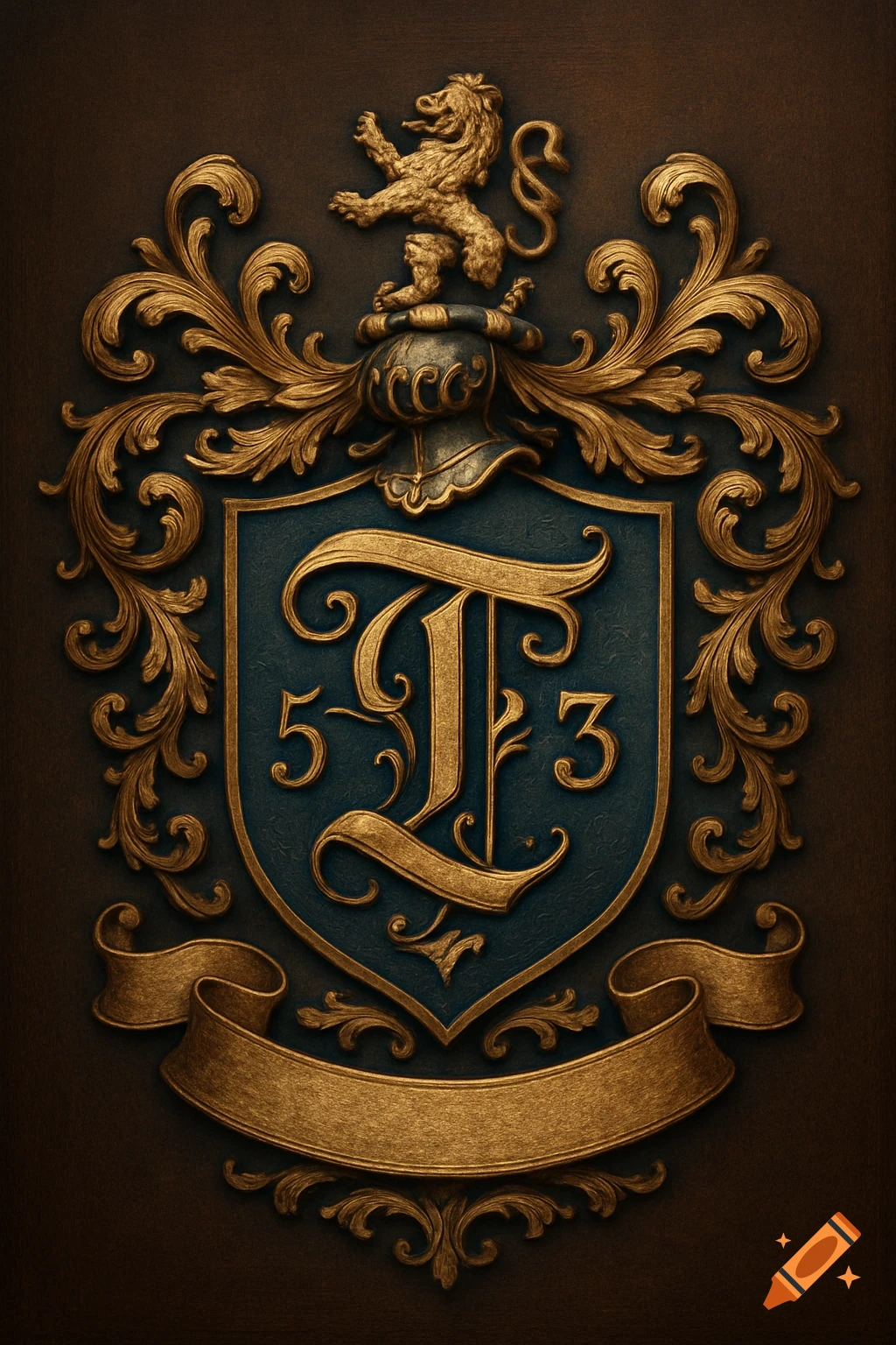 Ornate gold and teal family crest with a lion, the letter T, and numbers 5 and 3.