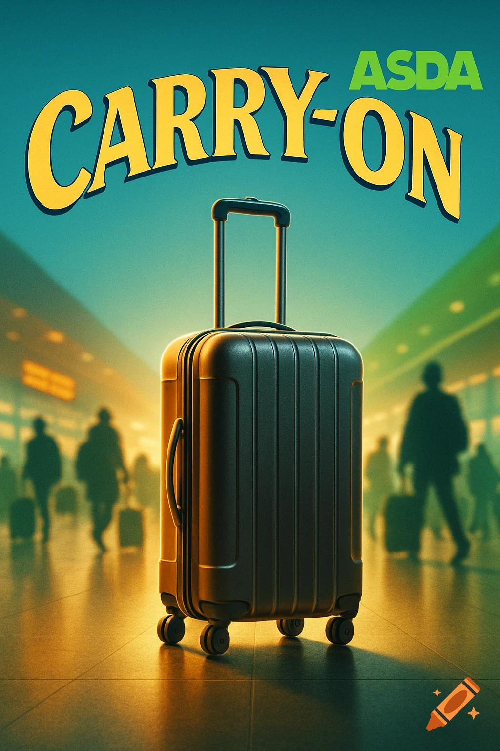A black carry-on suitcase stands in a busy airport terminal under the yellow text "CARRY-ON" and a green "ASDA" logo.