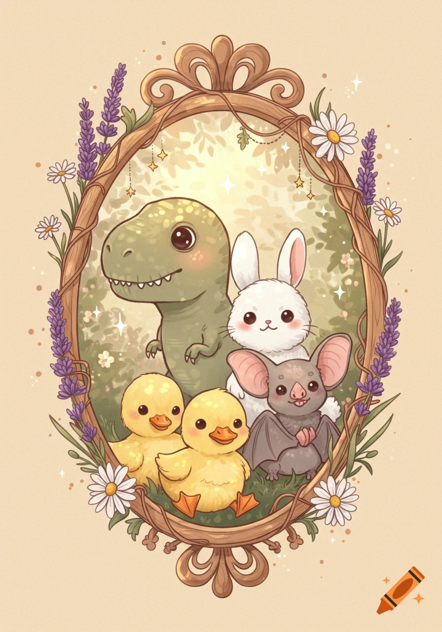 A whimsical illustration of a friendly green T-Rex, white bunny, two yellow ducklings, and a grey bat, framed by a decorative oval mirror adorned with lavender and daisies.