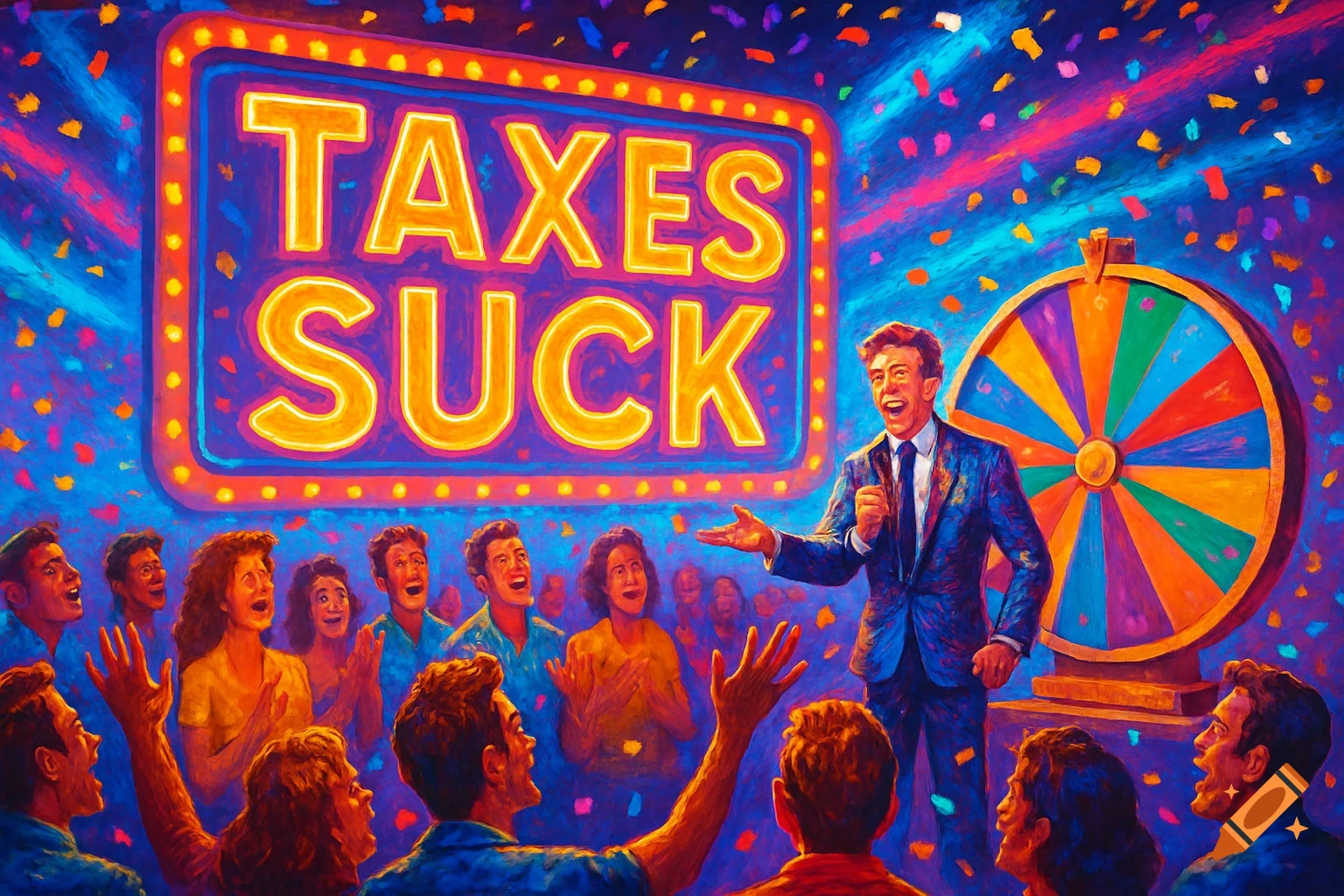 A colorful, painterly image of a game show host on stage, gesturing to a sign that reads 'TAXES SUCK' and a large spinning wheel. An excited audience watches, with confetti falling.