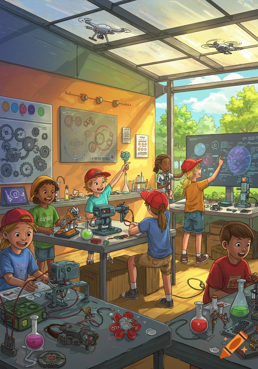 Children building robots and working with science equipment in a vibrant STEAM camp classroom, with drones flying overhead.