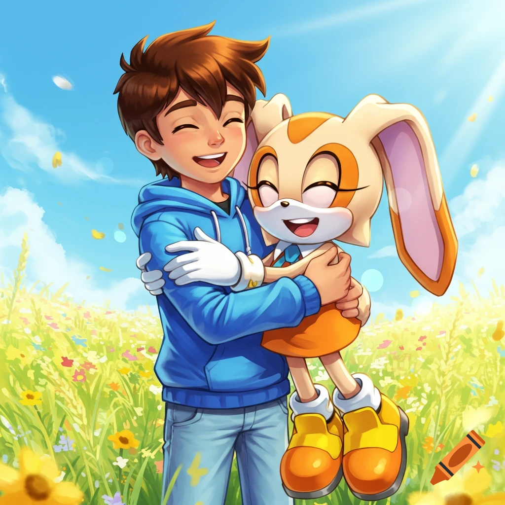 A happy brown-haired boy hugs Cream the Rabbit in a sunny, flower-filled field, in an anime style.