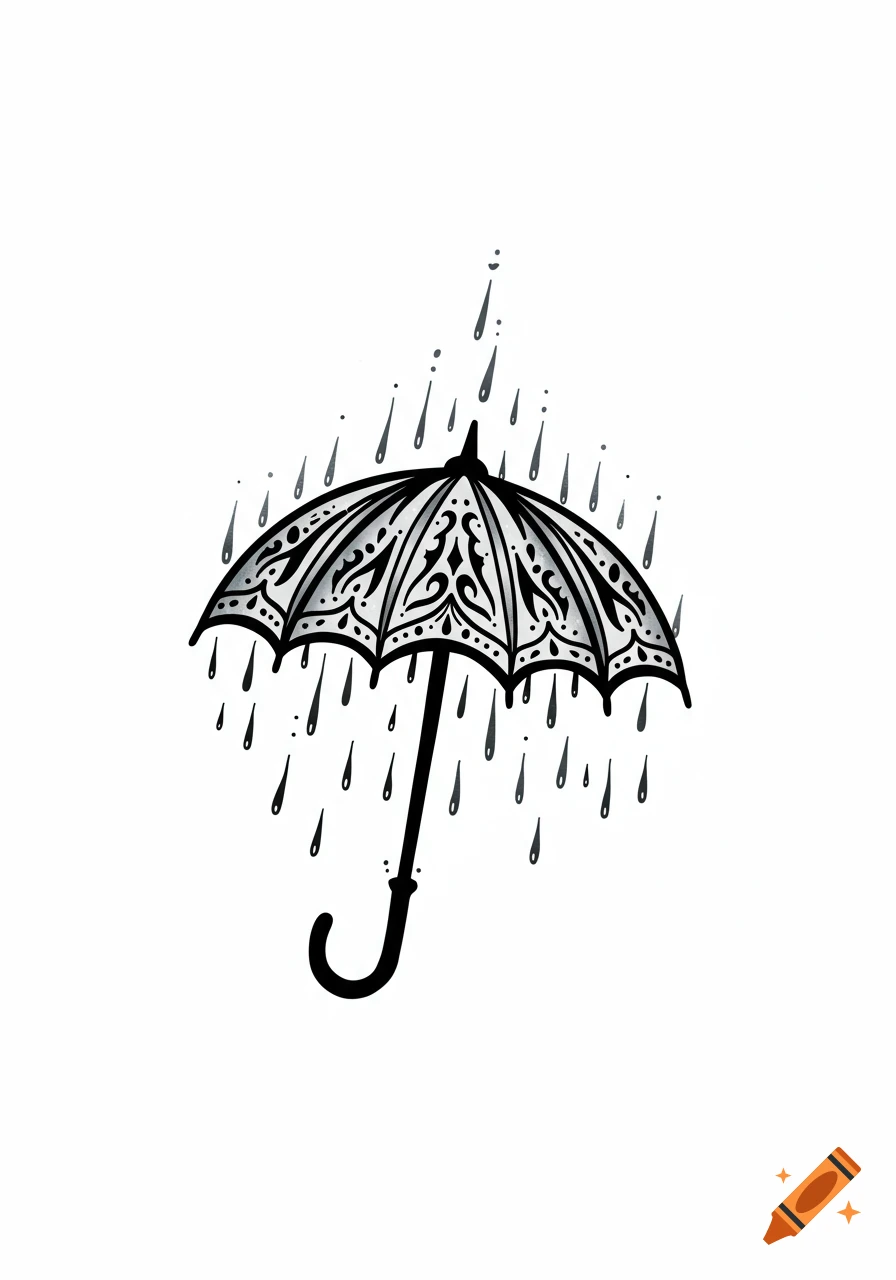 A black and white tattoo flash style illustration of an umbrella with rain falling around it.