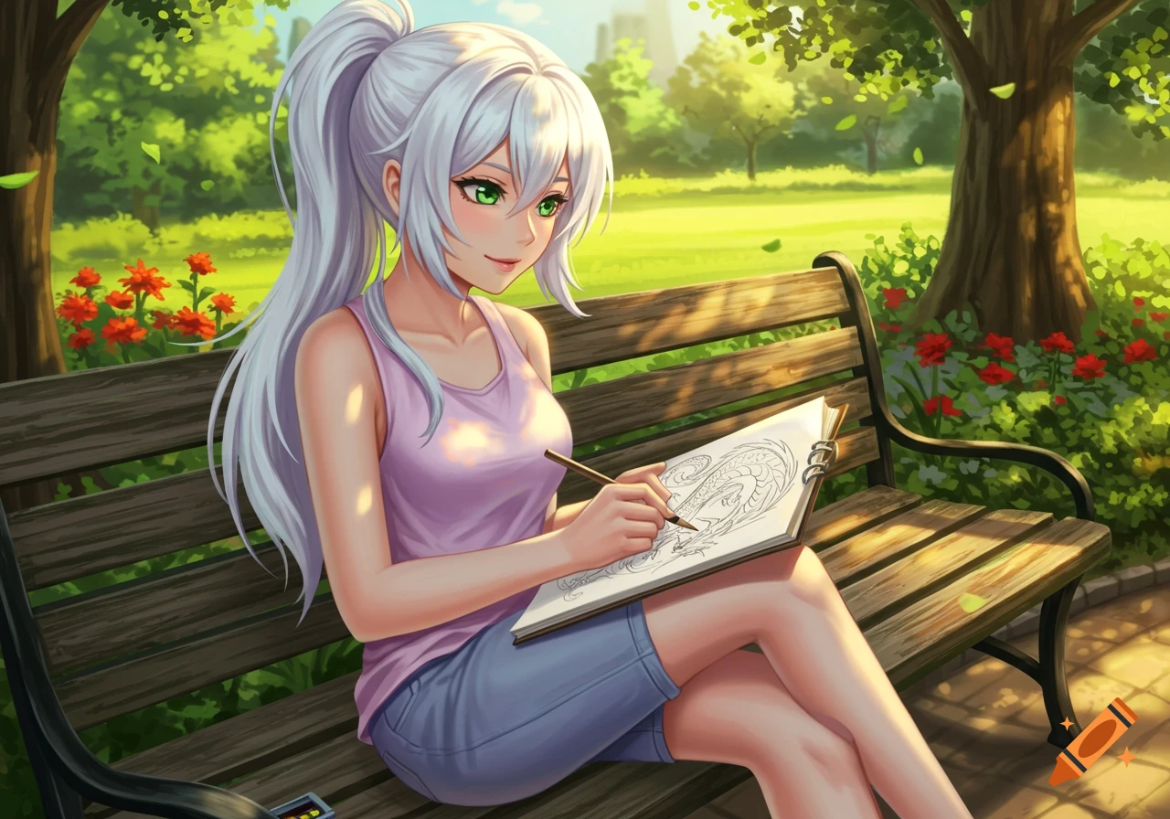 Anime woman with white hair sits on a park bench, drawing a dragon on a sketch pad.