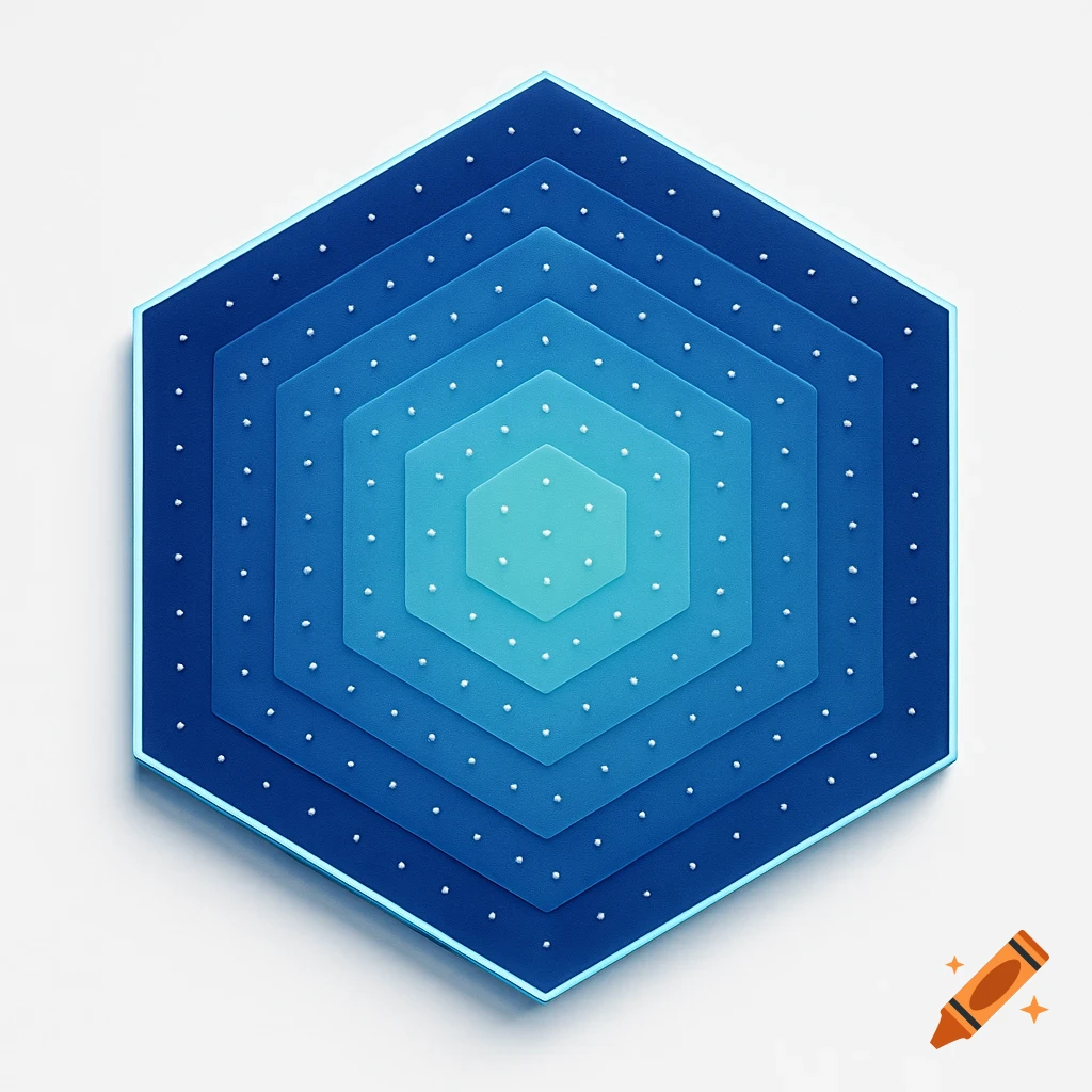 A series of concentric blue hexagons, each filled with white dots, against a plain white background.