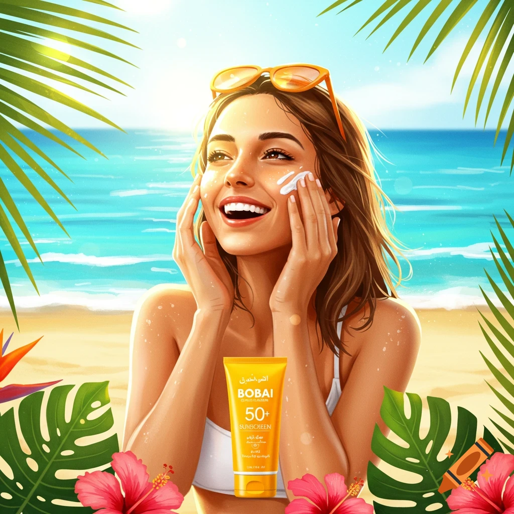A smiling woman applying sunscreen on her face at a sunny beach with palm leaves and hibiscus flowers framing the scene.