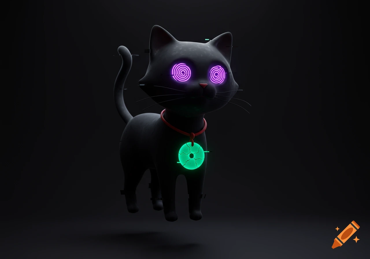 A 3D black cartoon cat with glowing purple spiral eyes, a red collar, and a glowing green cracked pendant, with subtle digital glitches against a dark background.