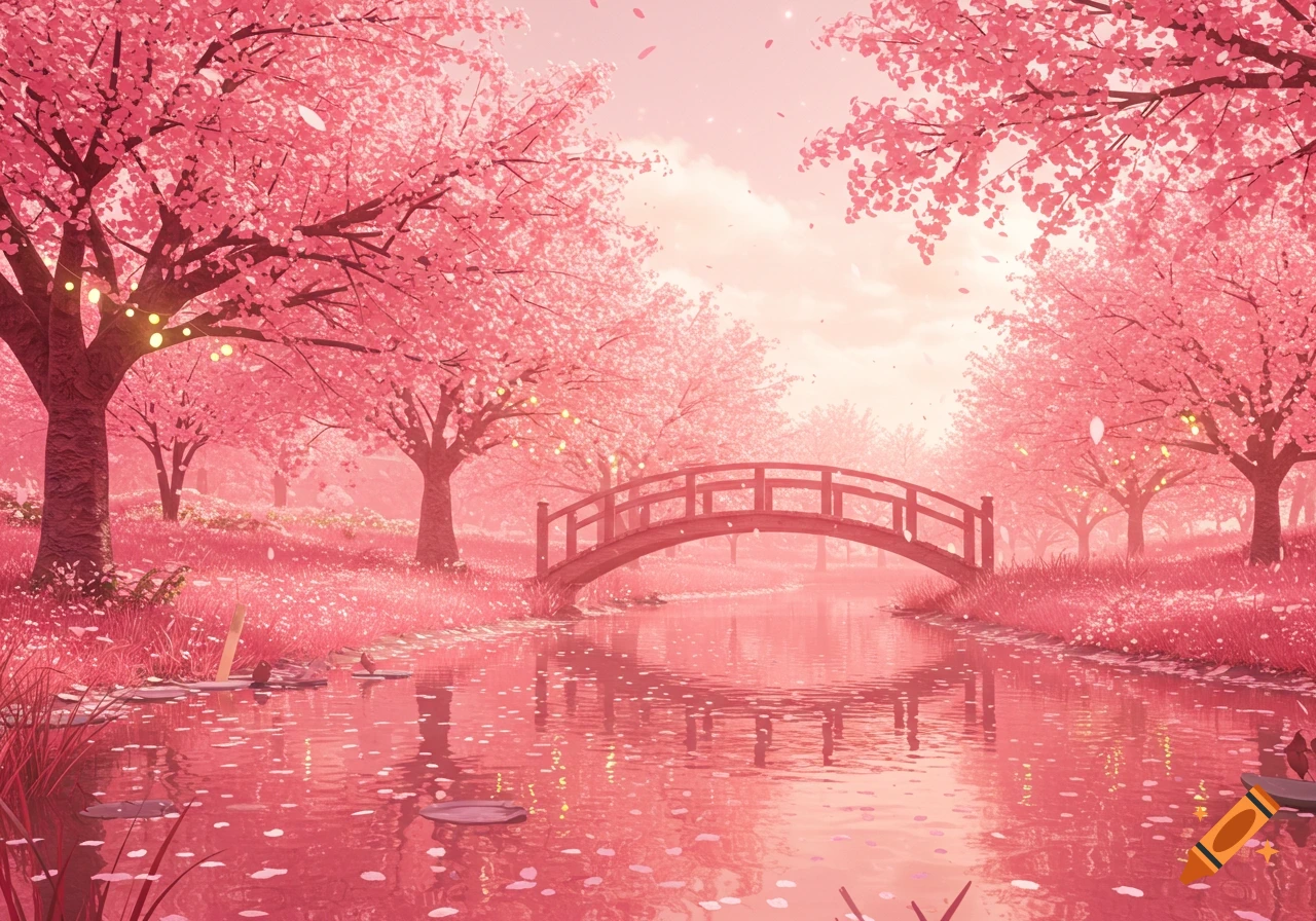A vibrant pink landscape with cherry blossom trees, a wooden bridge over a river, and falling petals.