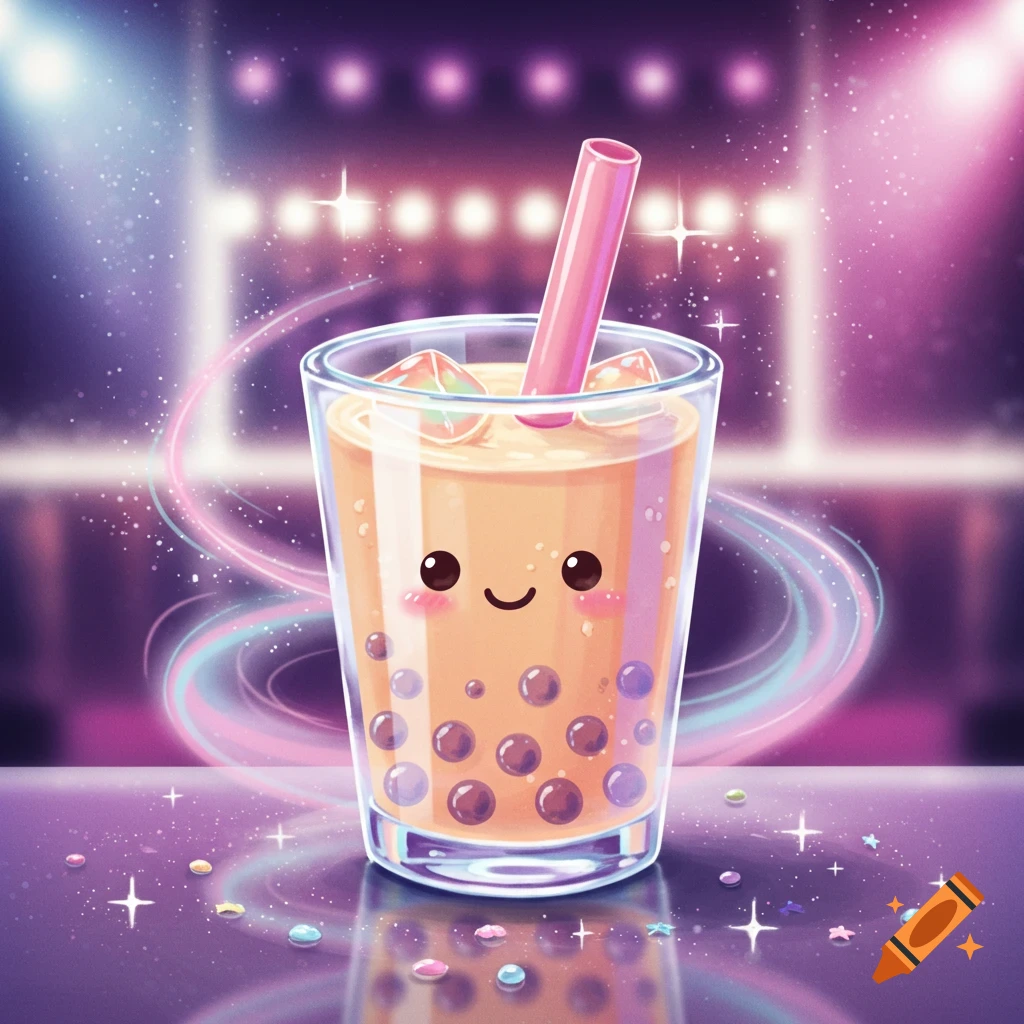 Cute cartoon boba tea with a smiling face, pink straw, and ice, surrounded by rainbow sparkles on a reflective surface.