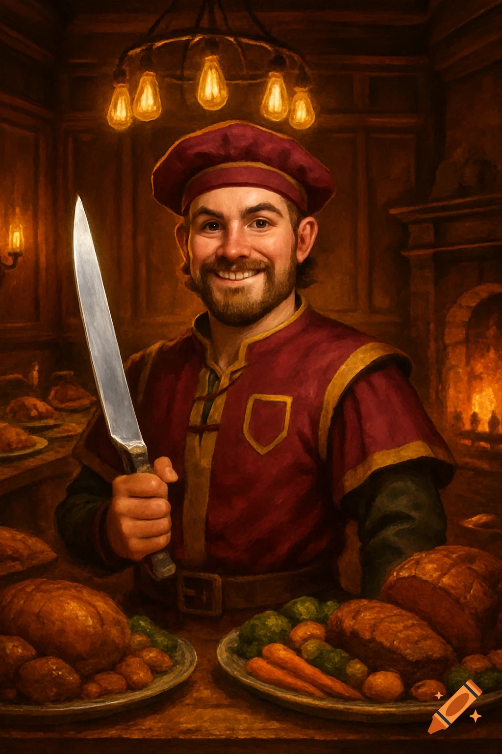 A smiling man with a beard, wearing a red tunic and beret, holds a large knife in a rustic kitchen filled with roasted food.