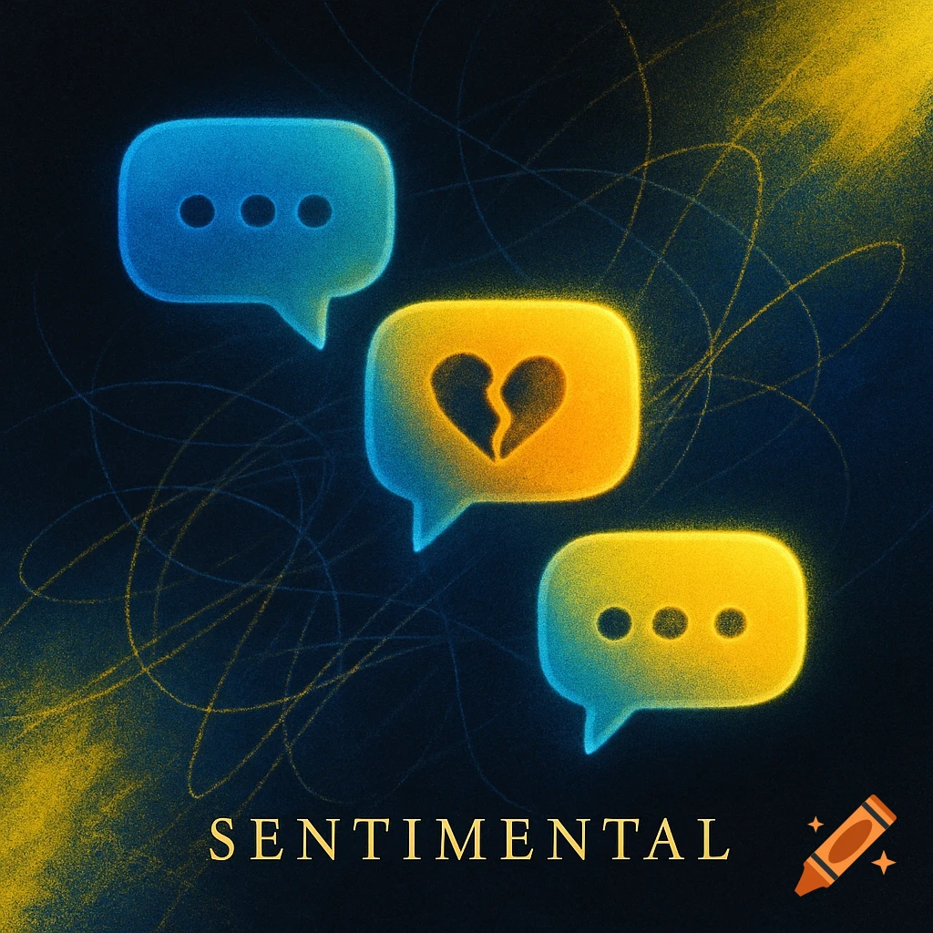 Three glowing chat bubbles, one with a broken heart, on a dark, textured background with the word "SENTIMENTAL" below.