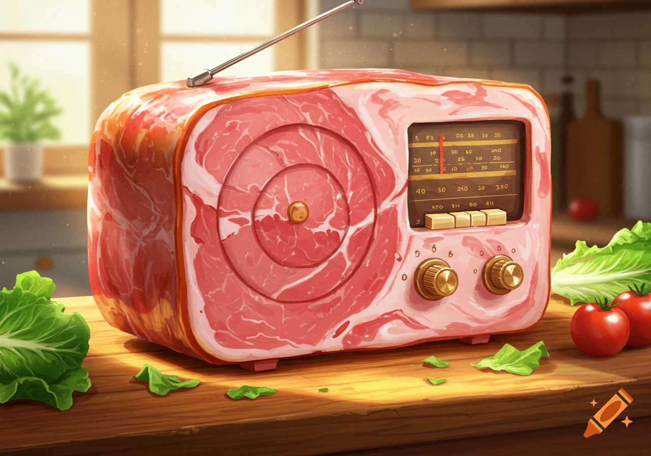 A vintage-style radio made entirely of raw ham with an antenna, sitting on a wooden kitchen counter next to lettuce and tomatoes.