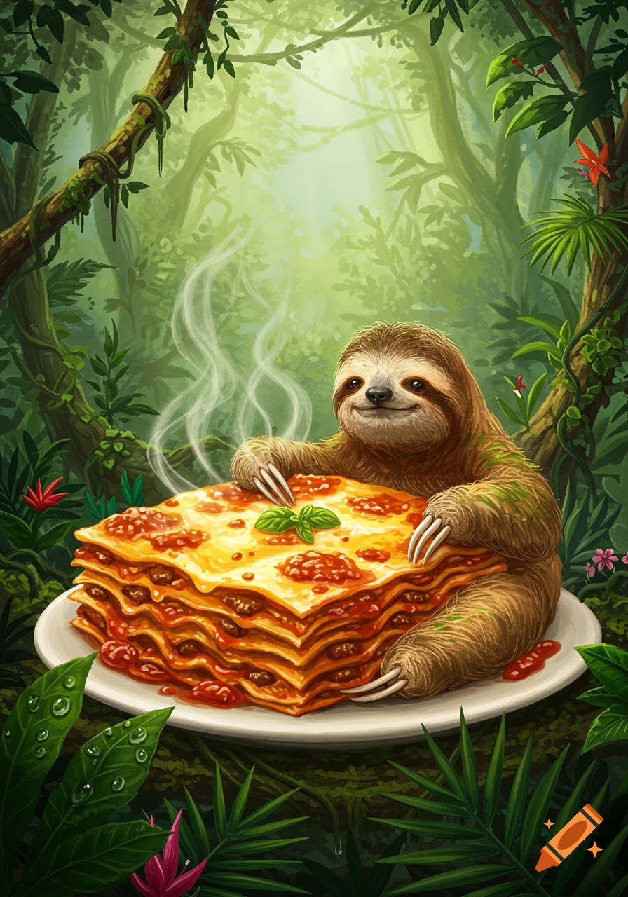 A smiling sloth holds a steaming lasagna on a plate in a lush green jungle, in a whimsical illustration.
