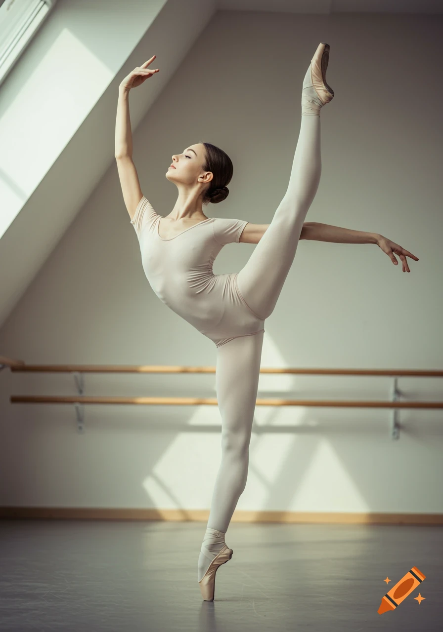 Photorealistic image of a female ballerina in a leotard and pointe shoes performing a high leg extension in a ballet studio.