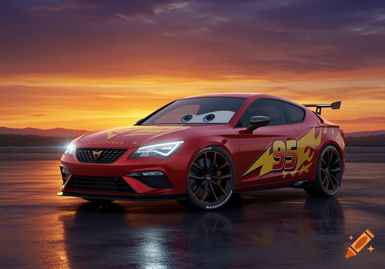 A red Cupra car designed like Lightning McQueen, with "95" and flame decals, is parked on a wet surface at sunset.