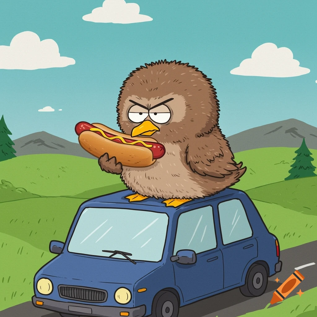 A cartoon angry owl eating a hot dog on the roof of a blue car, in a landscape.