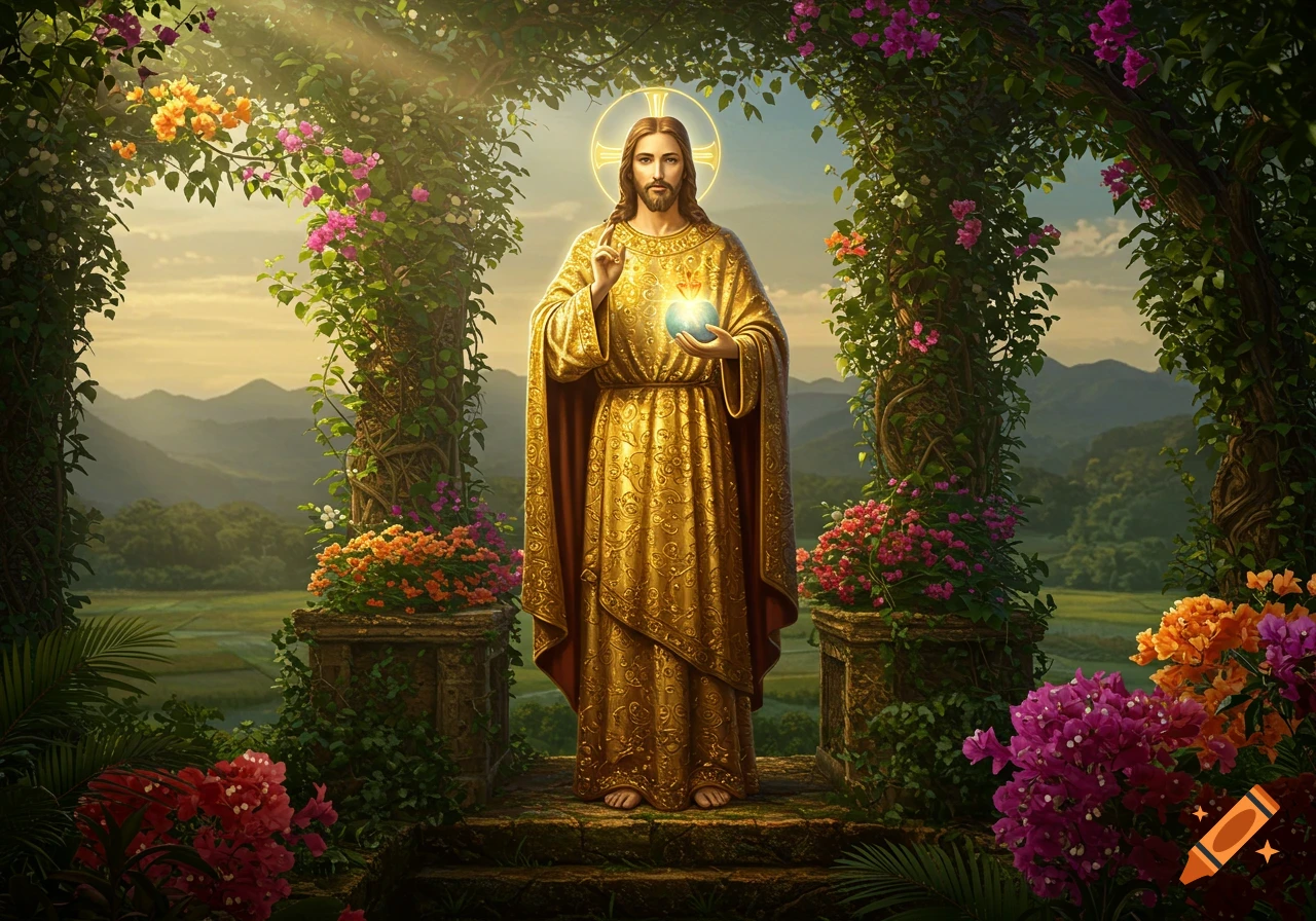 Jesus Christ in a golden robe with a halo and glowing orb, standing under a flower archway in a lush, radiant garden scene.