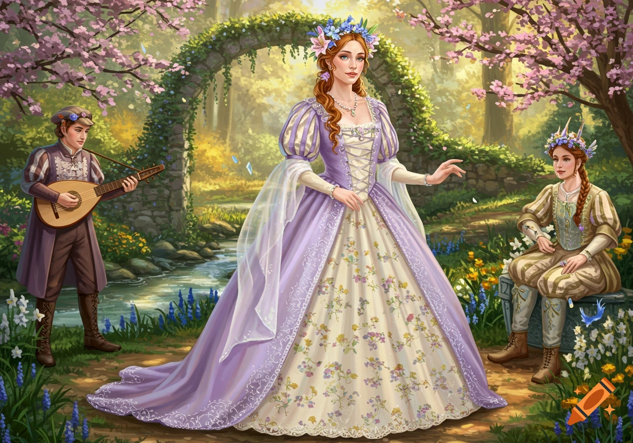 Illustration of people in Renaissance costumes in a vibrant spring forest with an arched gateway, flowers, and a stream.