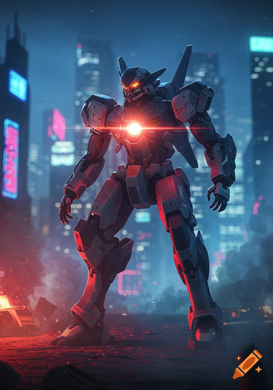 A giant dark gray mech with glowing red eyes and chest stands in a futuristic cyberpunk city at night.