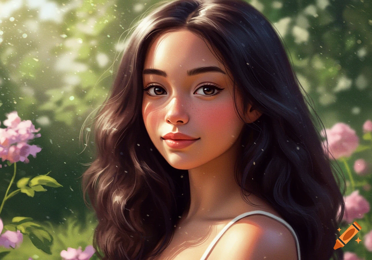 A digitally painted portrait of a young woman with dark hair in a sunny garden with pink flowers and light particles.