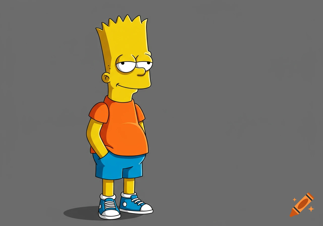 Bart Simpson stands facing right, looking over his shoulder, with his hands in his pockets. He wears an orange t-shirt, blue shorts, and blue sneakers, against a solid gray background.