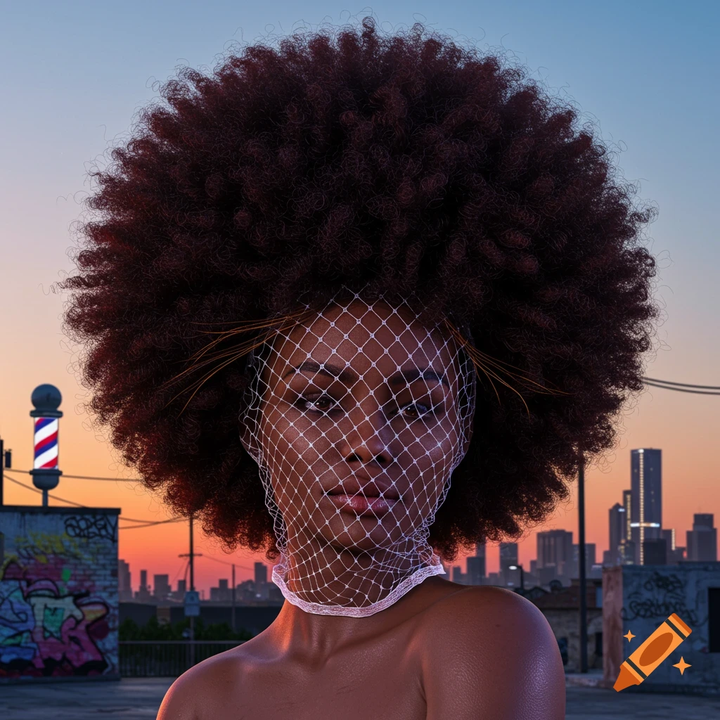 A person with a large afro and a white fishnet veil stands on a rooftop with a city skyline and sunset in the background.