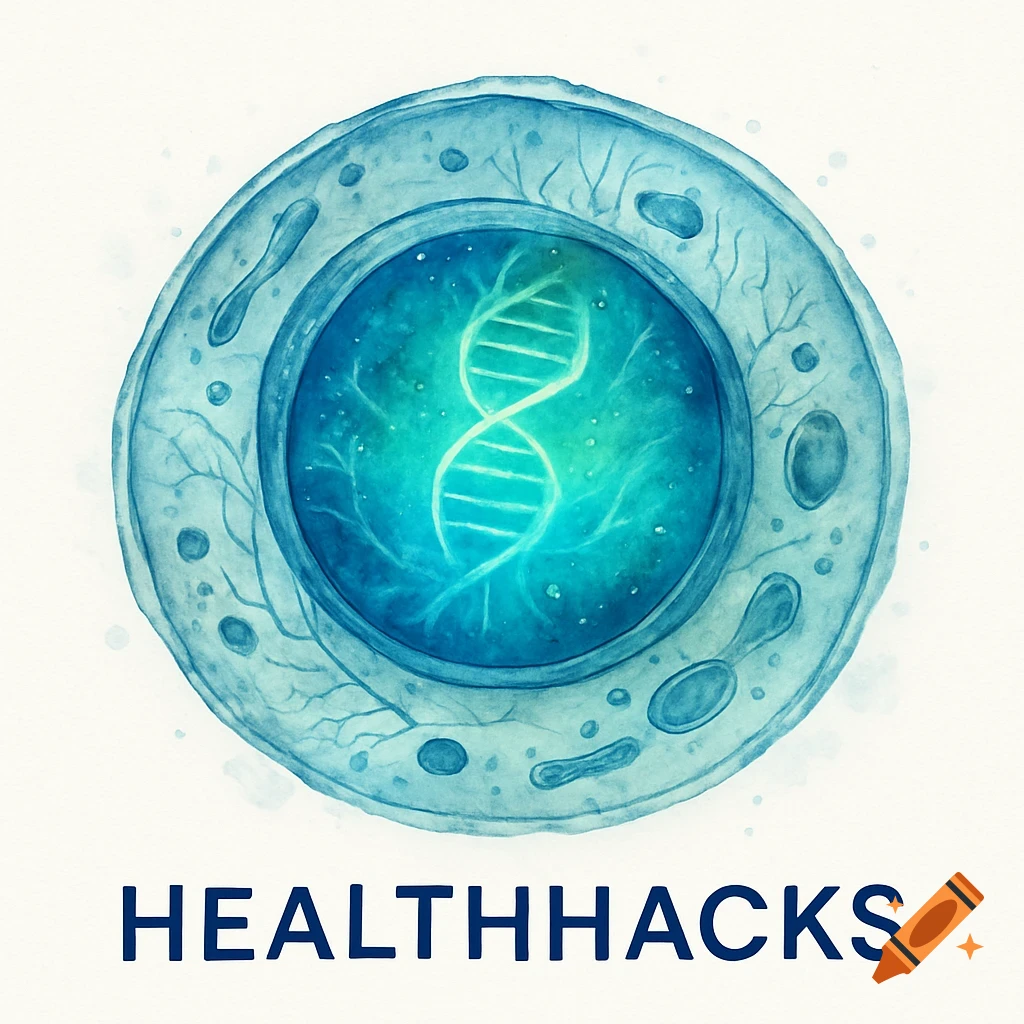 Watercolor illustration of a blue cell with a glowing DNA double helix inside, and the word 'HEALTHHACKS' below.