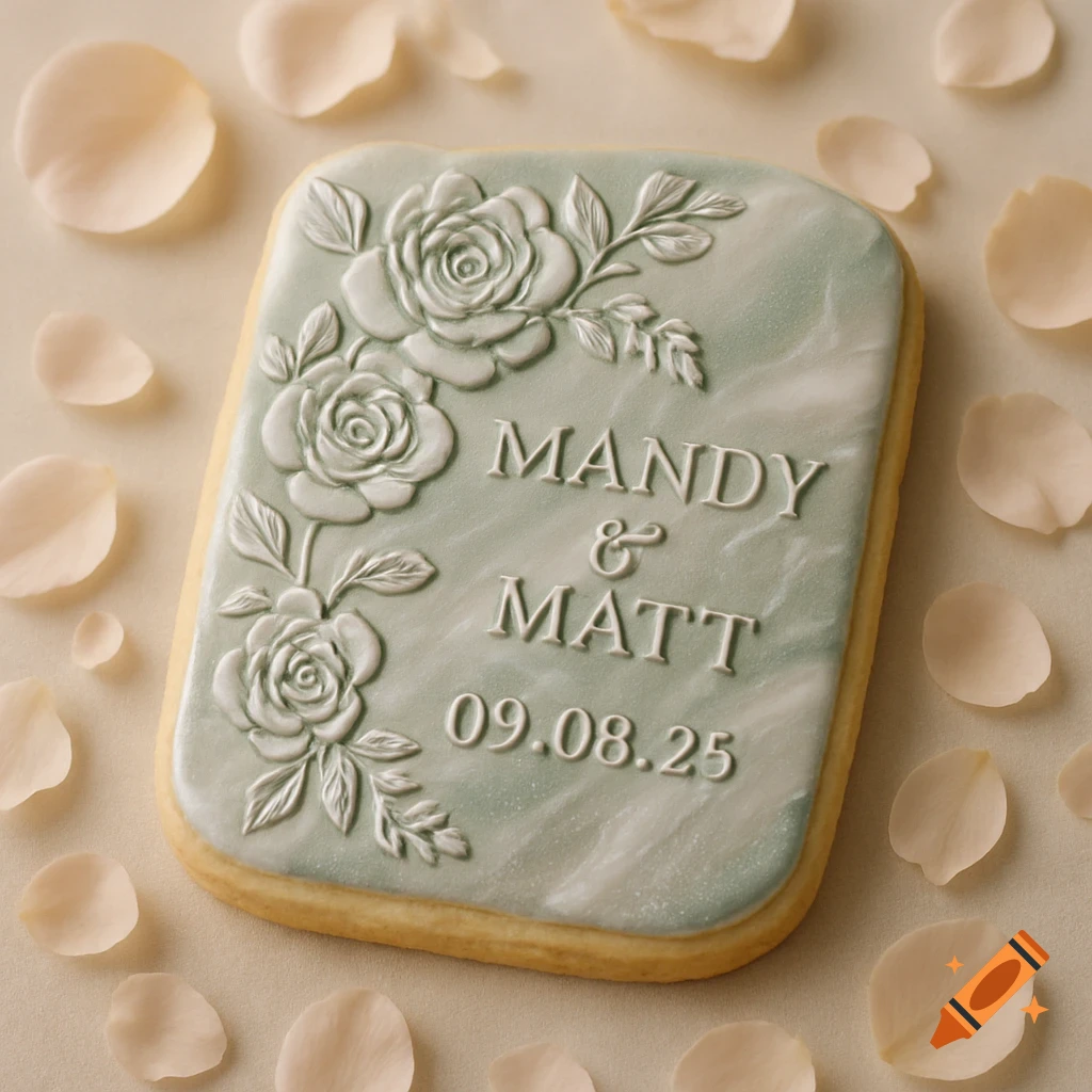 Rectangular shortbread wedding cookie with sage green marbled icing, white embossed roses, and names 'MANDY & MATT 09.08.25', surrounded by rose petals.