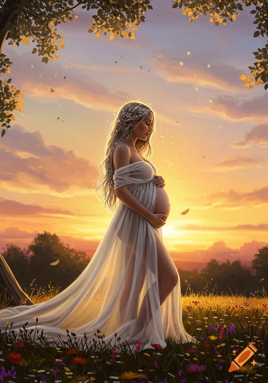 A pregnant woman in a sheer white dress stands in a field at sunset, cradling her belly.