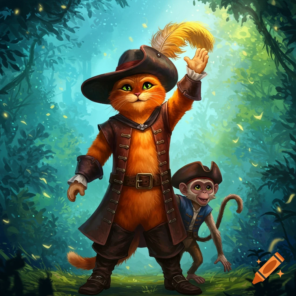 Puss in Boots, an orange cat in a feathered hat and coat, stands waving with a small monkey in a pirate hat beside him in a vibrant blue-green forest.