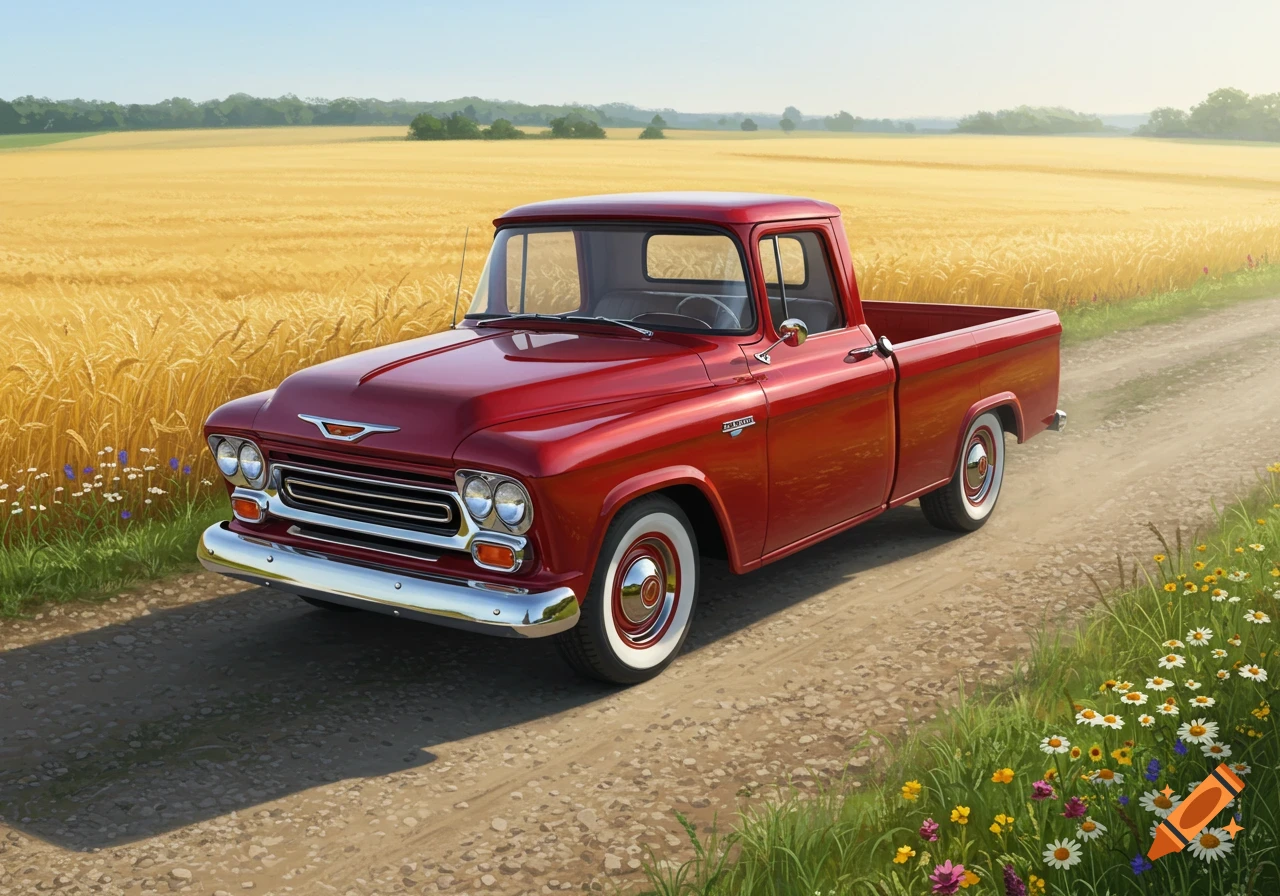 A red vintage pickup truck drives on a dirt road next to a golden wheat field under a clear blue sky.