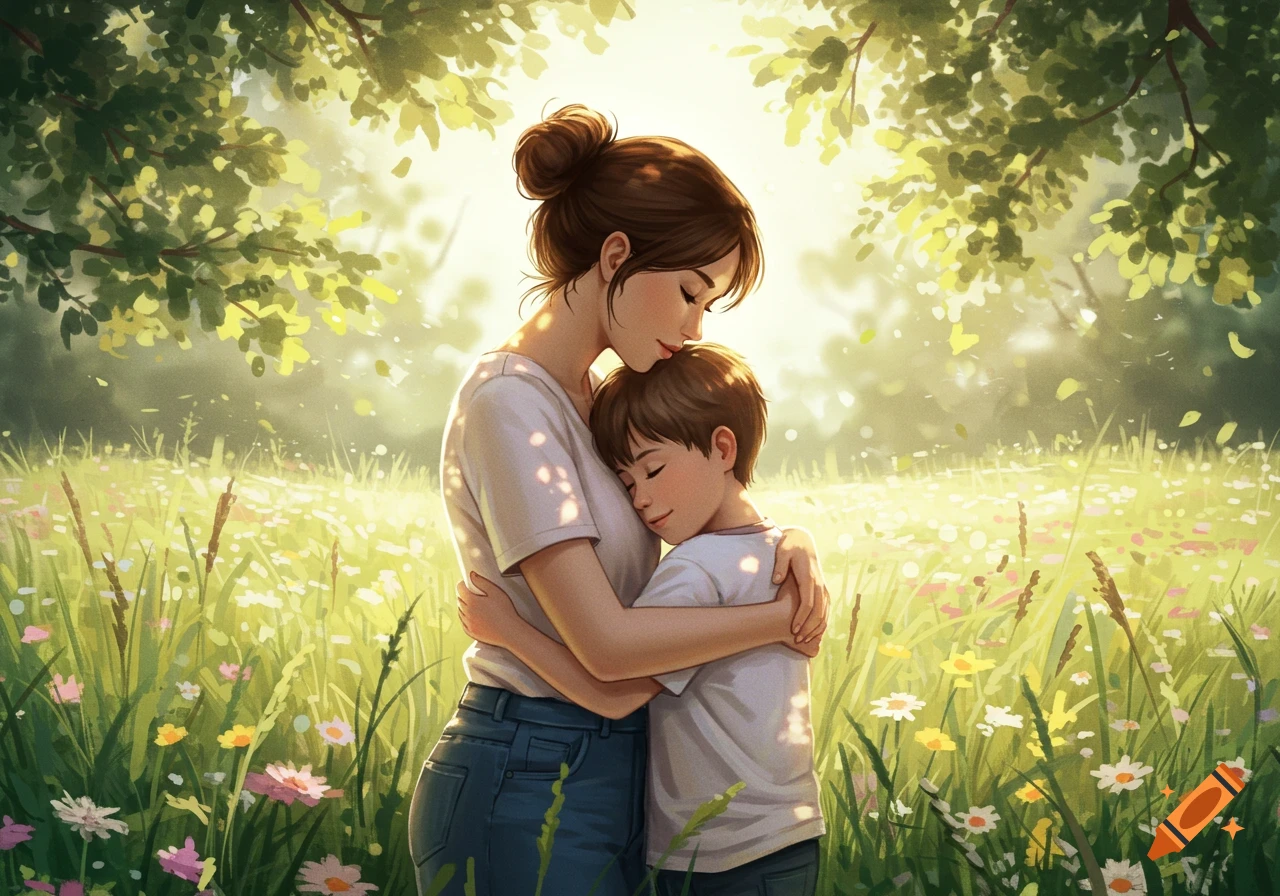 An illustrated mother and son embrace lovingly in a sunny, flower-filled meadow.
