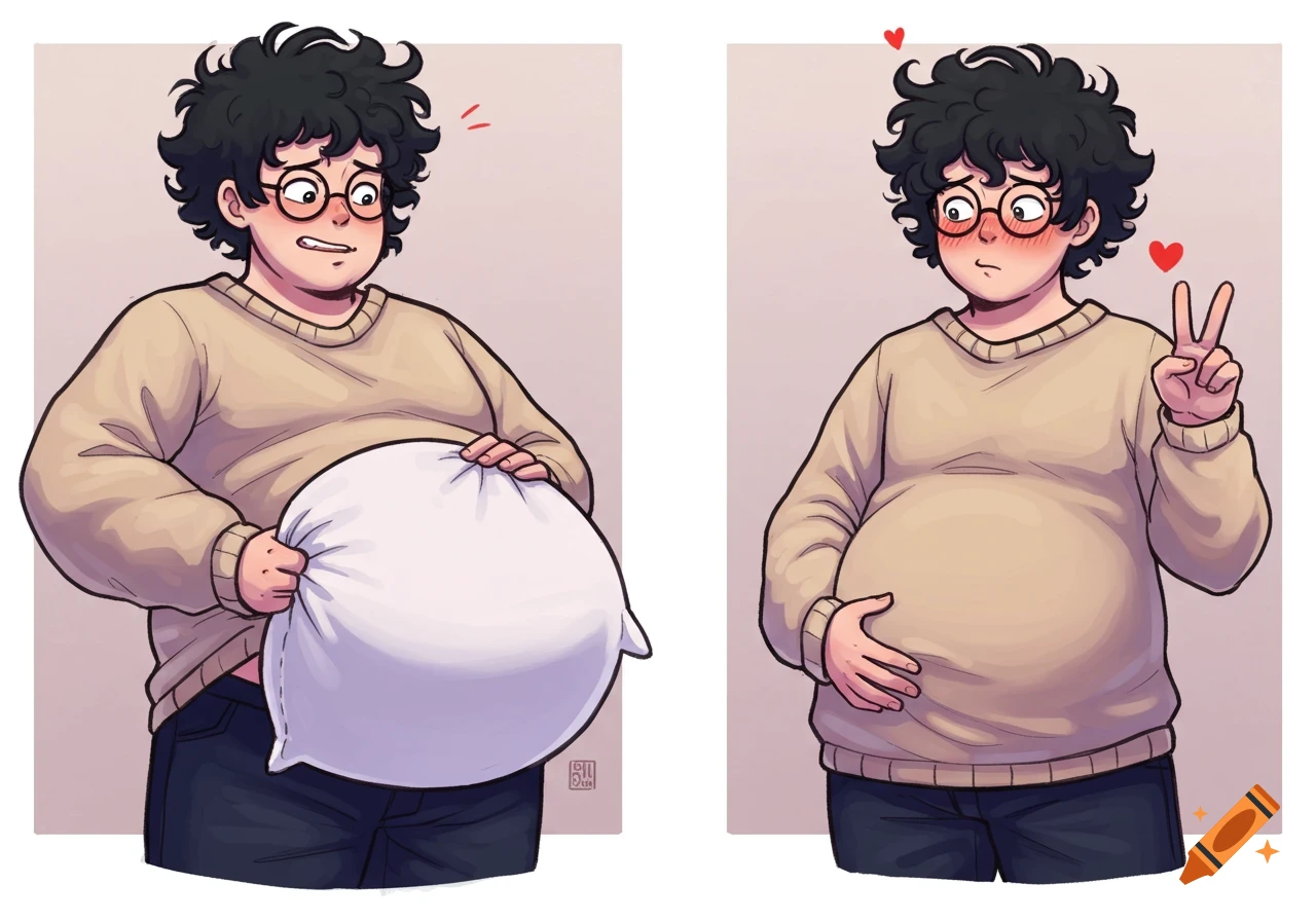 A two-panel anime comic shows a character stuffing a pillow under his sweater to look pregnant, then blushing and posing with a peace sign while rubbing his fake belly.