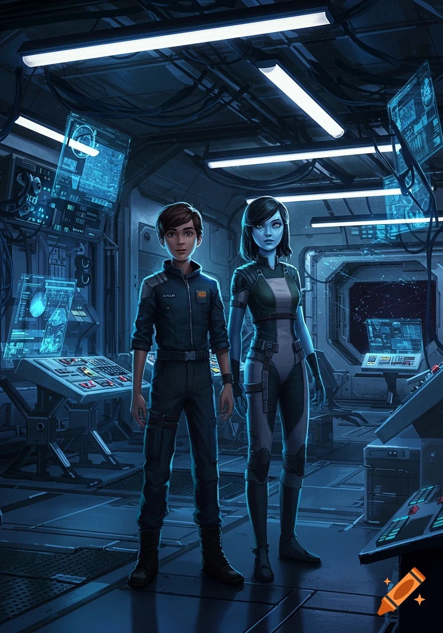 A boy and a blue-skinned girl stand in a futuristic spaceship control room filled with glowing blue screens and panels, in an illustrative style.