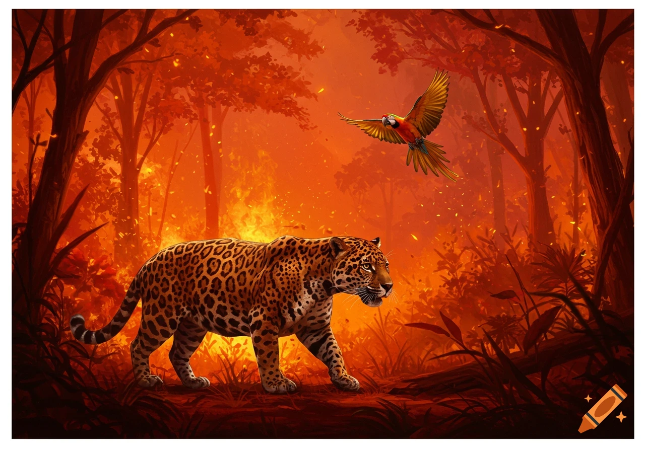 A jaguar walks through a fiery red forest as a yellow macaw flies overhead, in a vibrant illustration style.