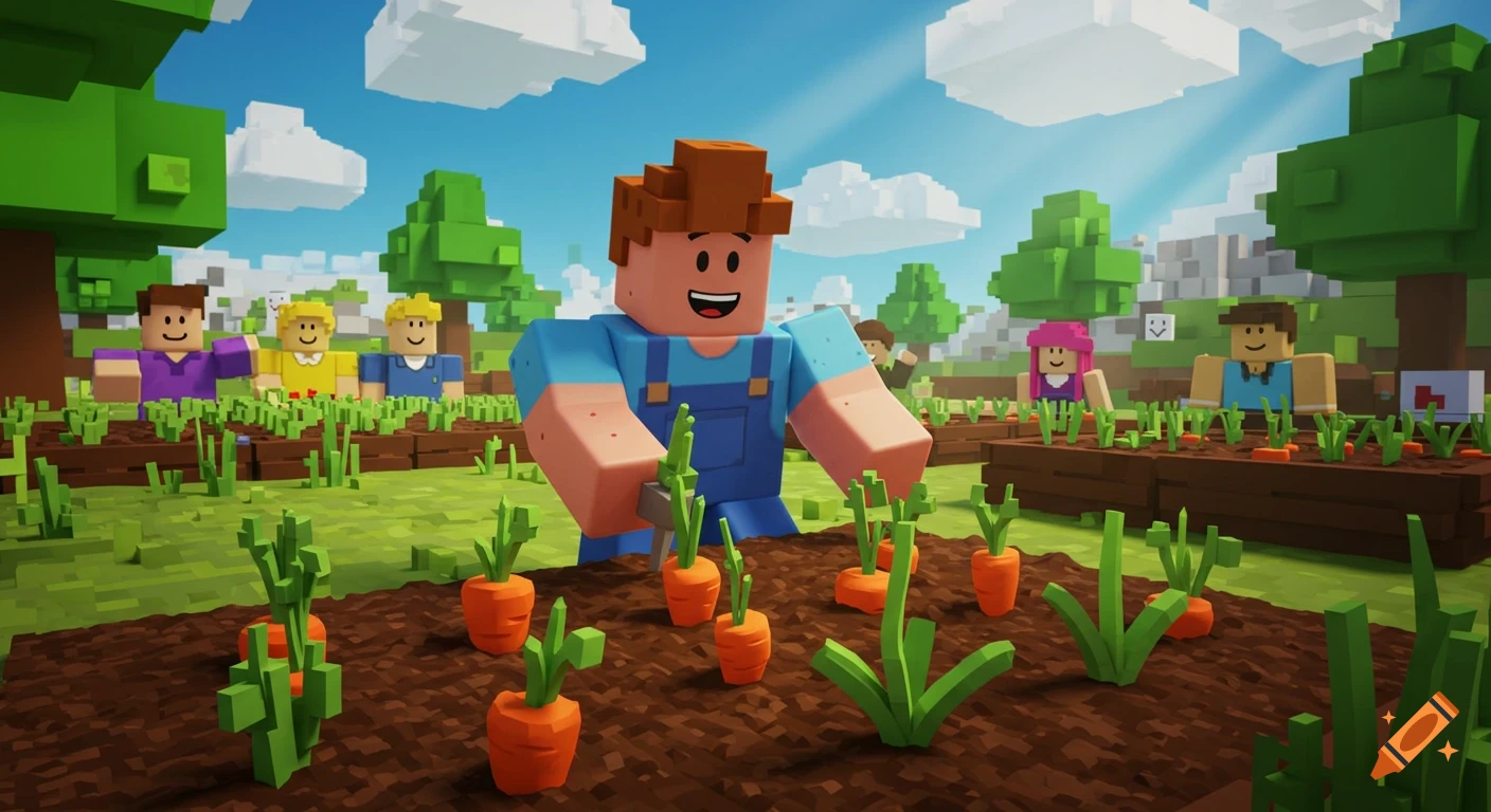 Voxel art image of blocky characters farming carrots in a vibrant field, resembling a Roblox game.