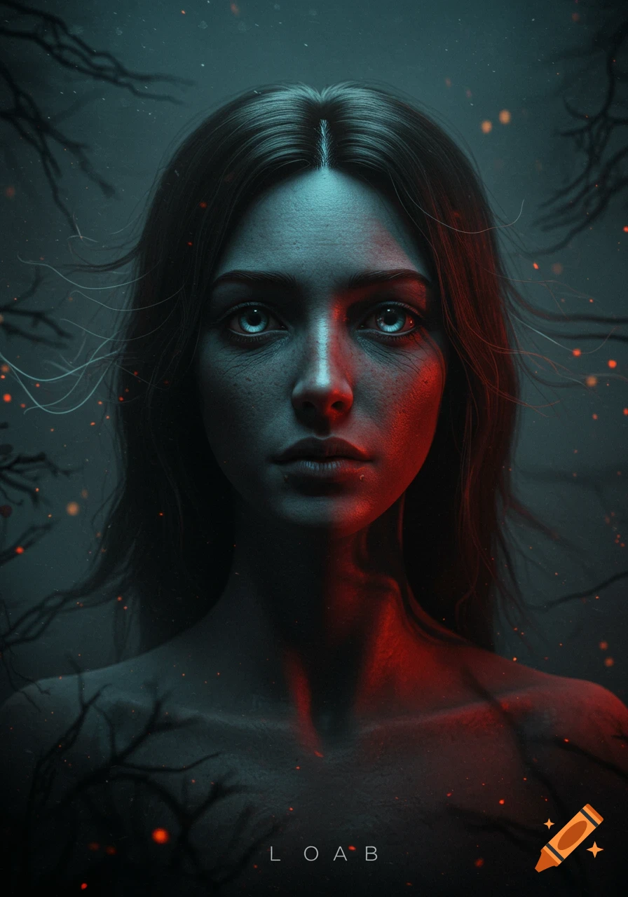 Close-up portrait of a woman with her face split by red and blue light, glowing eyes, and subtle branch-like patterns on her skin and in the background, in a dark, mysterious style.