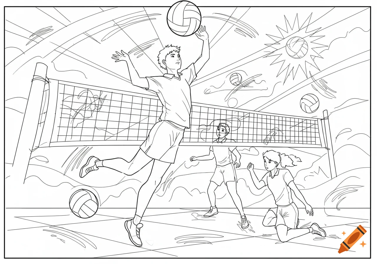 Black and white line art coloring page of a volleyball game with players spiking and diving.