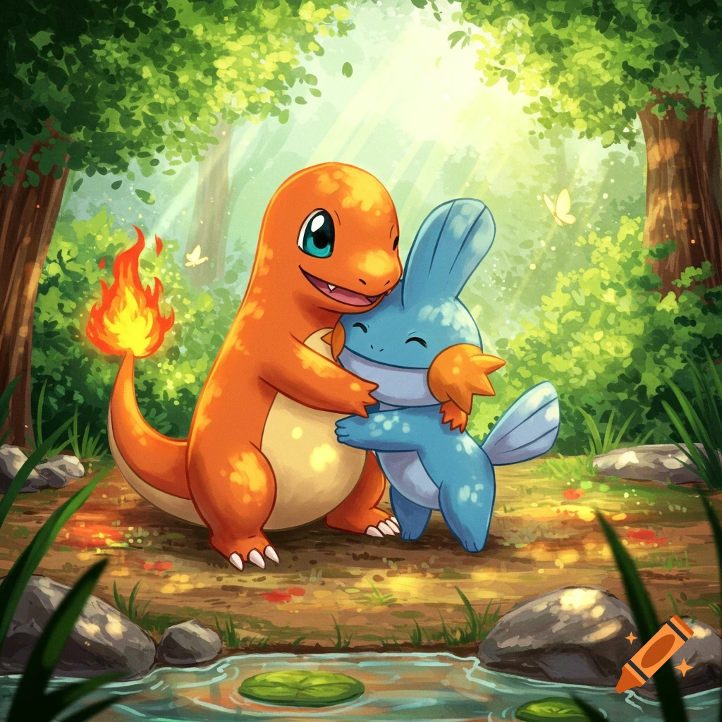 Cartoon illustration of Charmander and Mudkip hugging in a sunlit forest.