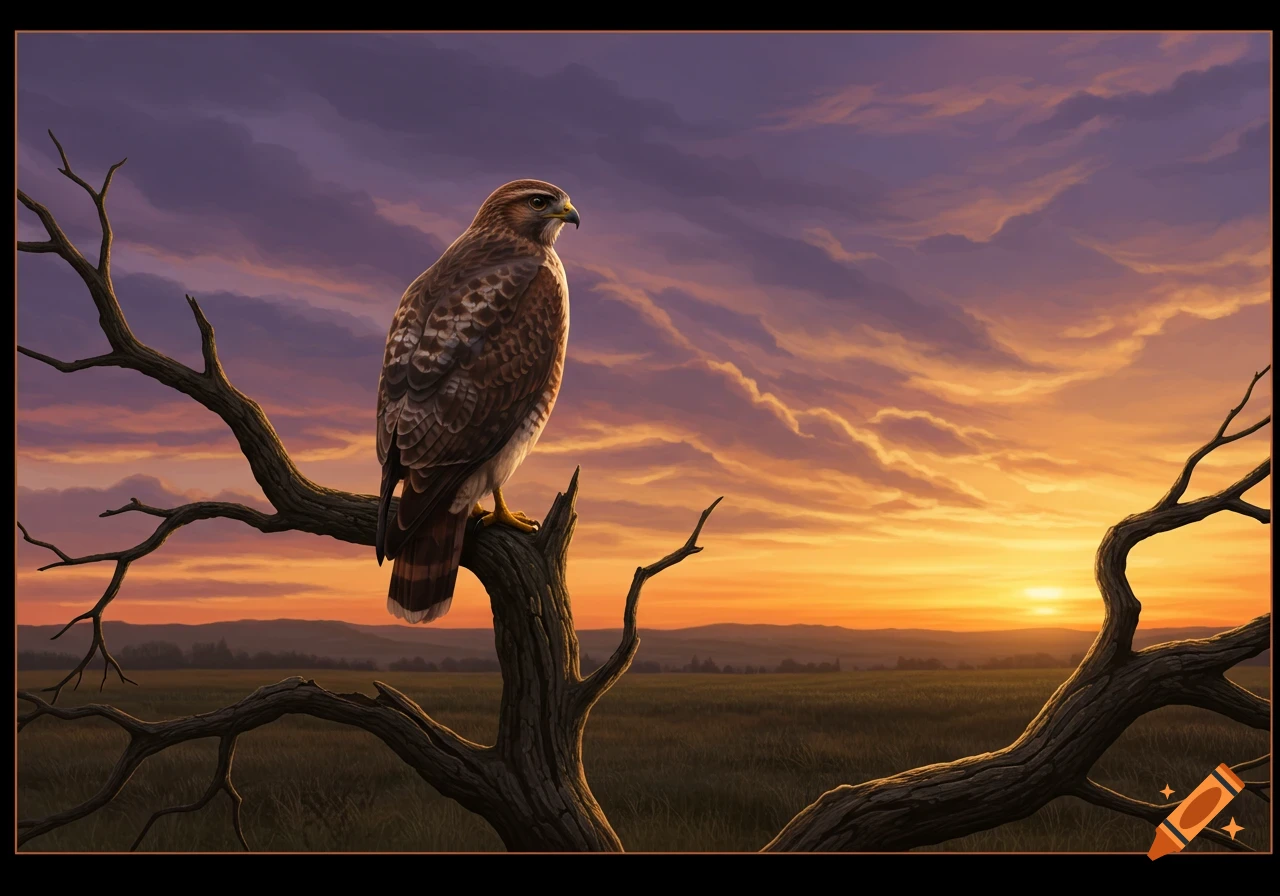 A detailed painting of a hawk perched on a bare tree branch against a vibrant sunset over a grassy field.
