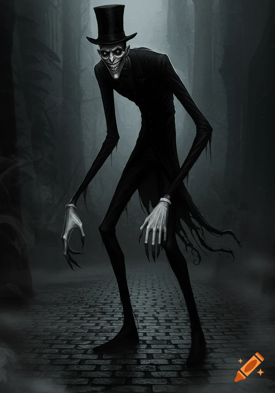 A tall, slender, distorted figure in a black suit and crooked top hat stands hunched on a cobblestone street, smiling with an eerie, toothy grin.